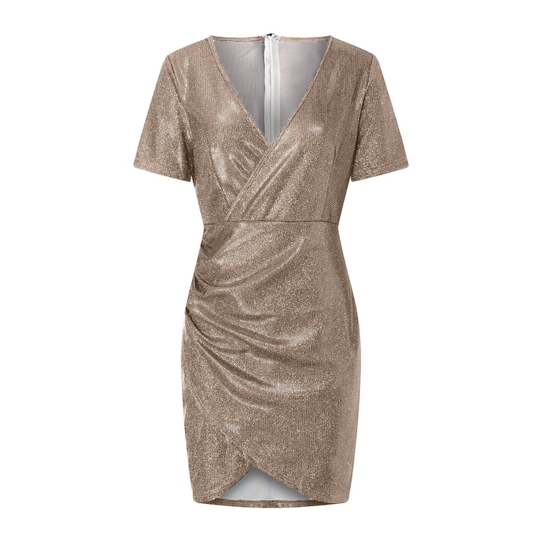 Womens Sparkly Sequin Wrap Mini Dresses Short Sleeve V Neck Evening Party  Gowns Bodycon Glitter Short Dress (XX-Large, Gold) - Walmart.com