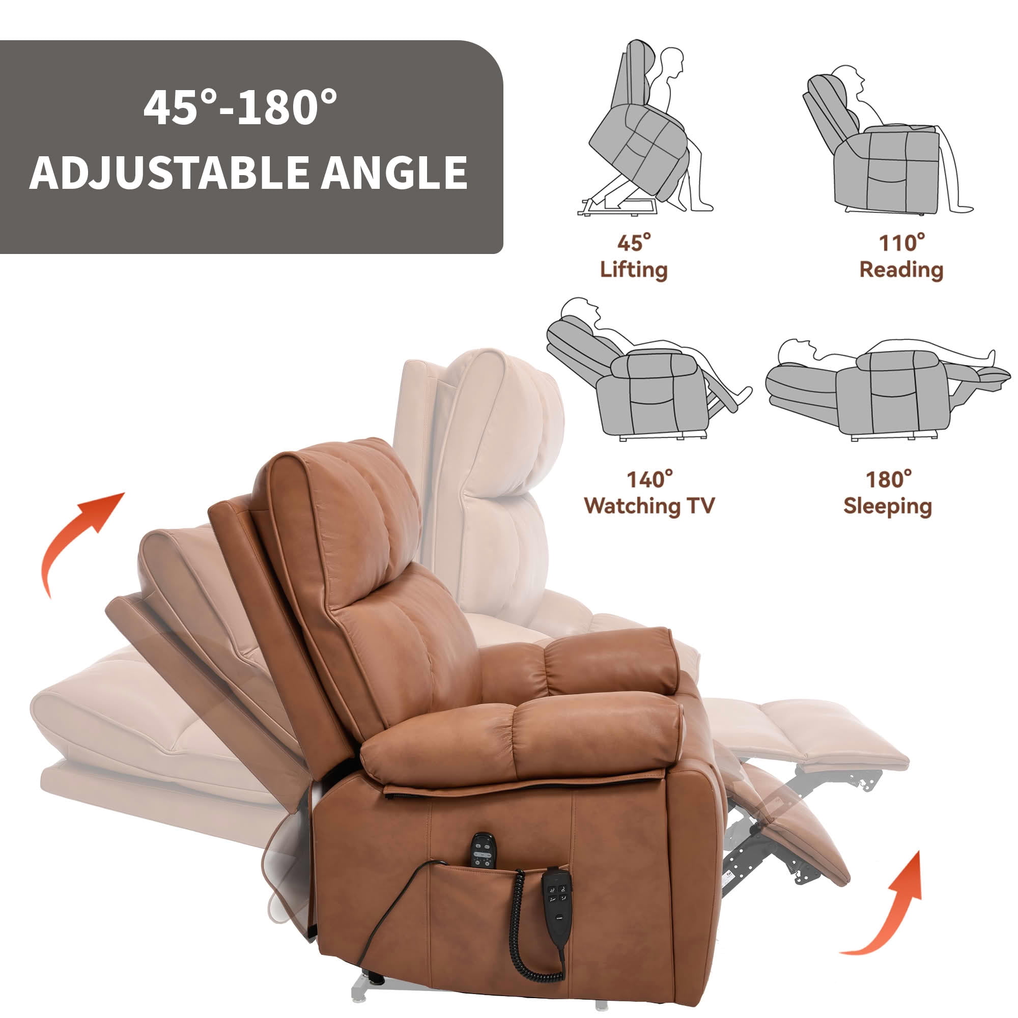 MAYEERTY Orange Dual Motor Power Lift Recliner, 350lbs Infinite Position Chair with 8-Point Massage Heat Hidden Cup Holders for Elderly
