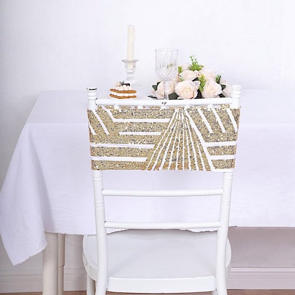 BalsaCircle 5 Gold Geometric Sequined Stretchable Spandex Chair Sashes Wedding Party Events Tableware Decorations