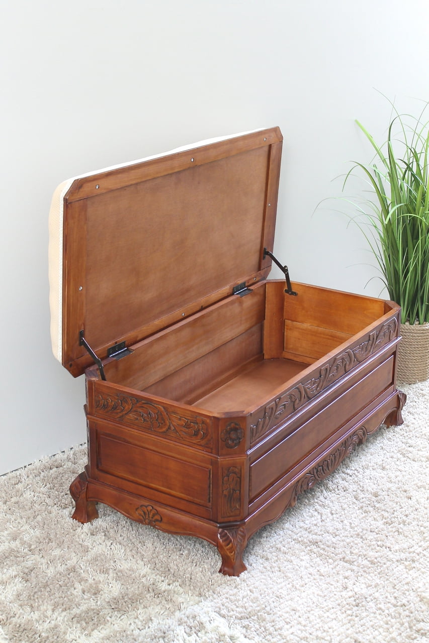 International Caravan Windsor Hand Carved Upholstered Storage Bench