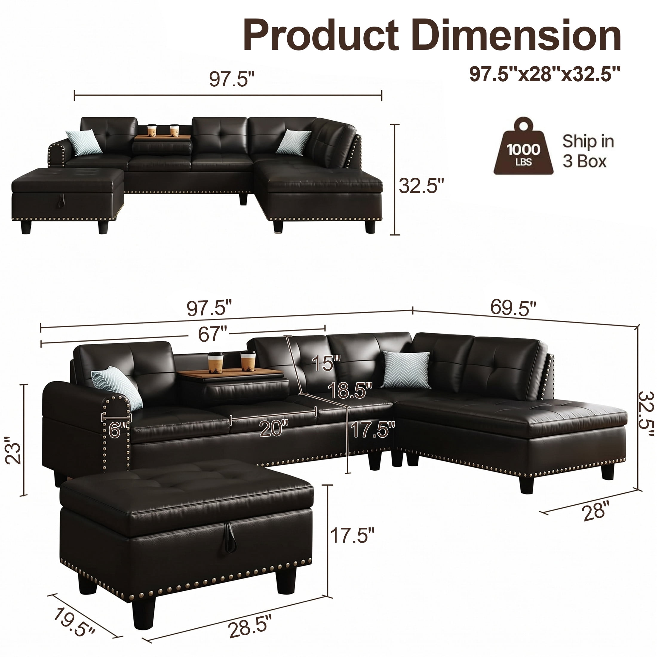 AENKYO 98" L-Shaped Sectional Sofa with Reversible Chaise, Storage Ottoman & Cup Holders, Faux Leather, Black