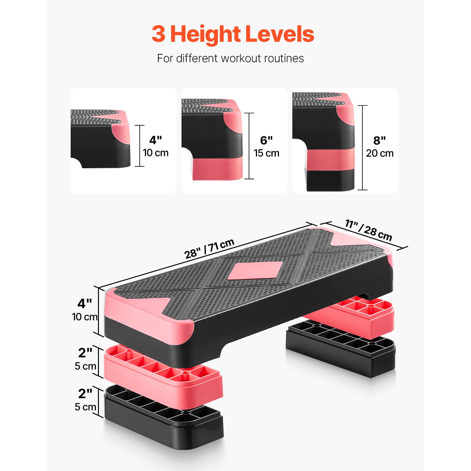 KFFKFF Aerobic Exercise Step Platform, 28-Inch Workout Stepper with Adjustable Height, Fitness Training Deck with 4 Risers, Non-Slip Surface for Home Gym Cardio and Strength, Red