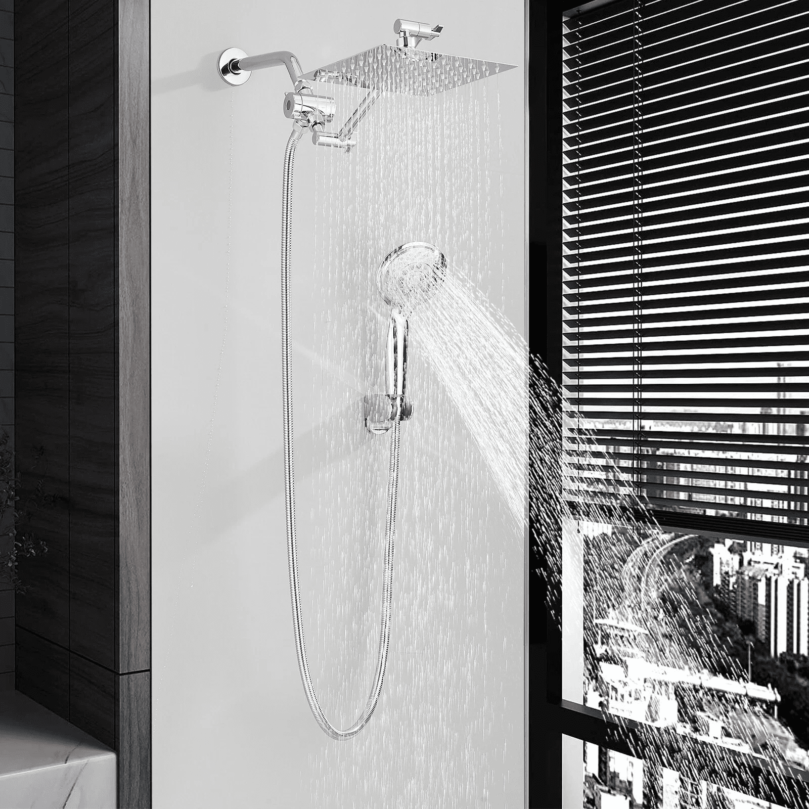 Zovajonia Chrome Rain Shower Head Combo Includes 12-inch Square High-Pressure Rain Shower Head Three-Setting Handheld Spray and Adjustable Arm