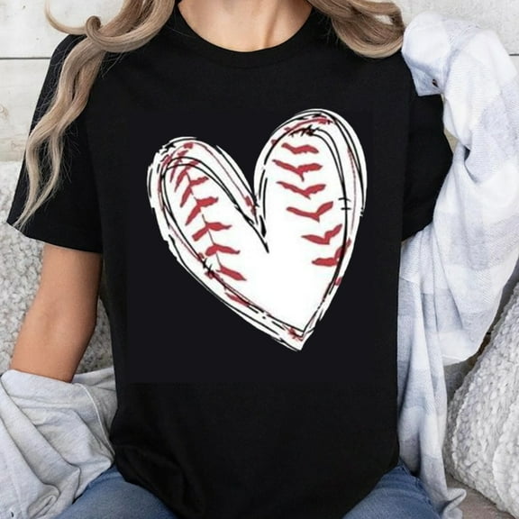 100% Cotton Baseball Heart Print T-Shirt Women Casual Short Sleeve Top Sport Lover Gift Soft Comfortable Shirt