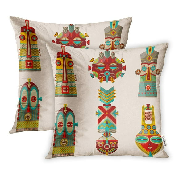 BOSDECO 6 Multi Colored Masks Different Shapes Native Ancient Warrior Pillowcase Pillow Cover 18x18 inch Set of 2