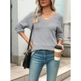 thumbnail image 5 of Women Fall Sweaters Casual Long Sleeve Ribbed Knit V Neck Light-Weight Crochet Pullover Sweater Solid Grey S, 5 of 7