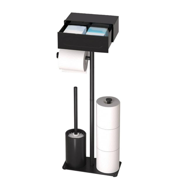 Soporte de Papel higiénico Negro, Portarrollos de Papel Higiénico de Pie Negro con Estante, Portarrollos de Pie, Capacidad para 3 Rollos de Reserva