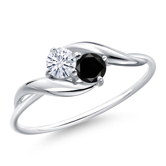 Gem Stone King 10K White Gold Round Moissanite and Black Diamond Ring for Women (0.33 Cttw, Round 3.5MM, Gemstone Birthstone, Size 8)