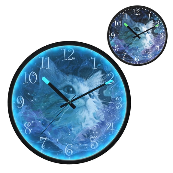 Voice Activated Clock with Glow Light 12 Inch Large Silent Wall Clock Battery Operated for Home Decor Cute Blue and White Cat