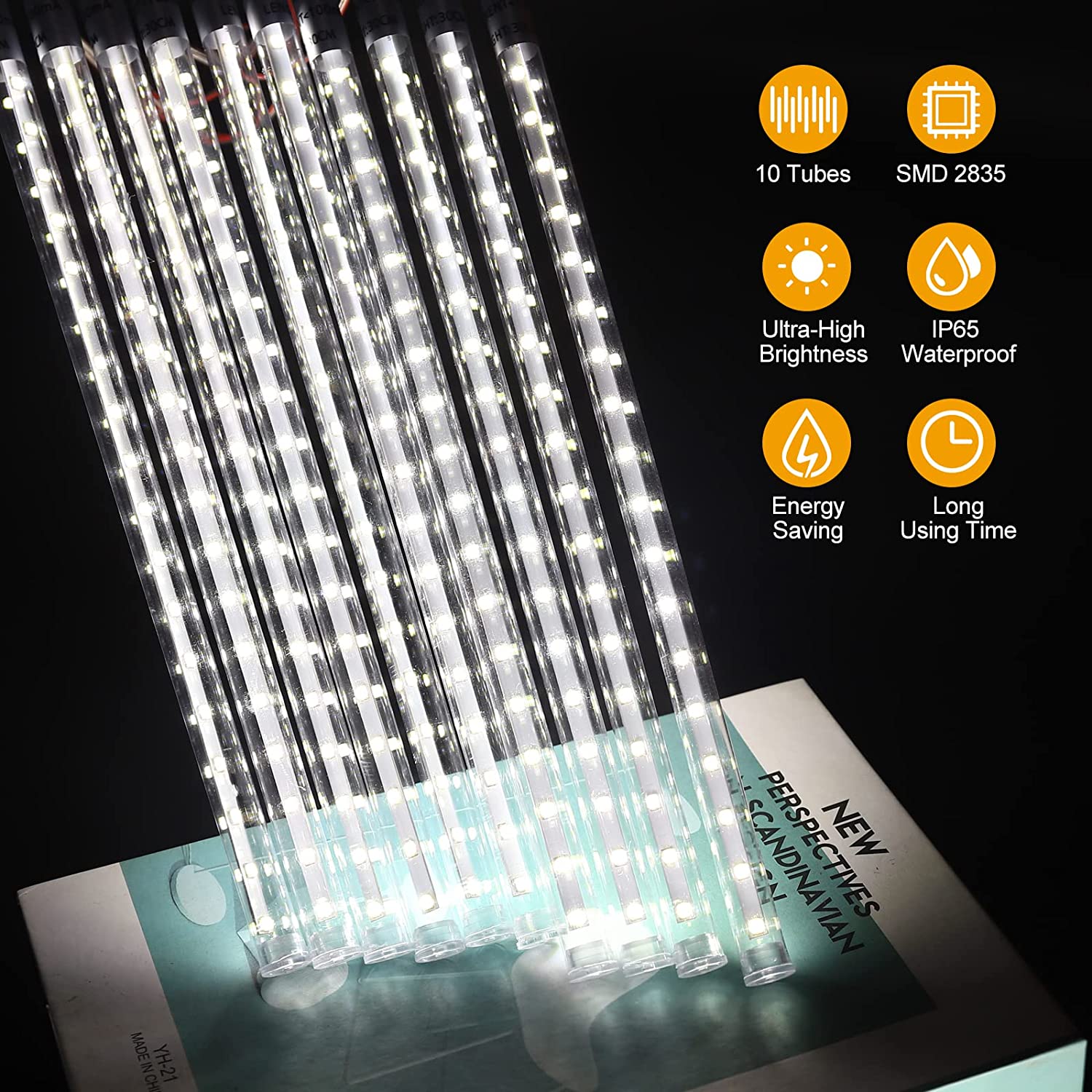 Waterproof Falling Rain Lights Meteor Shower Lights 10 Tube LED Icicle Cascading String Lights for Christmas Halloween Holiday Decoration Garden Outdoor Trees Wedding Party