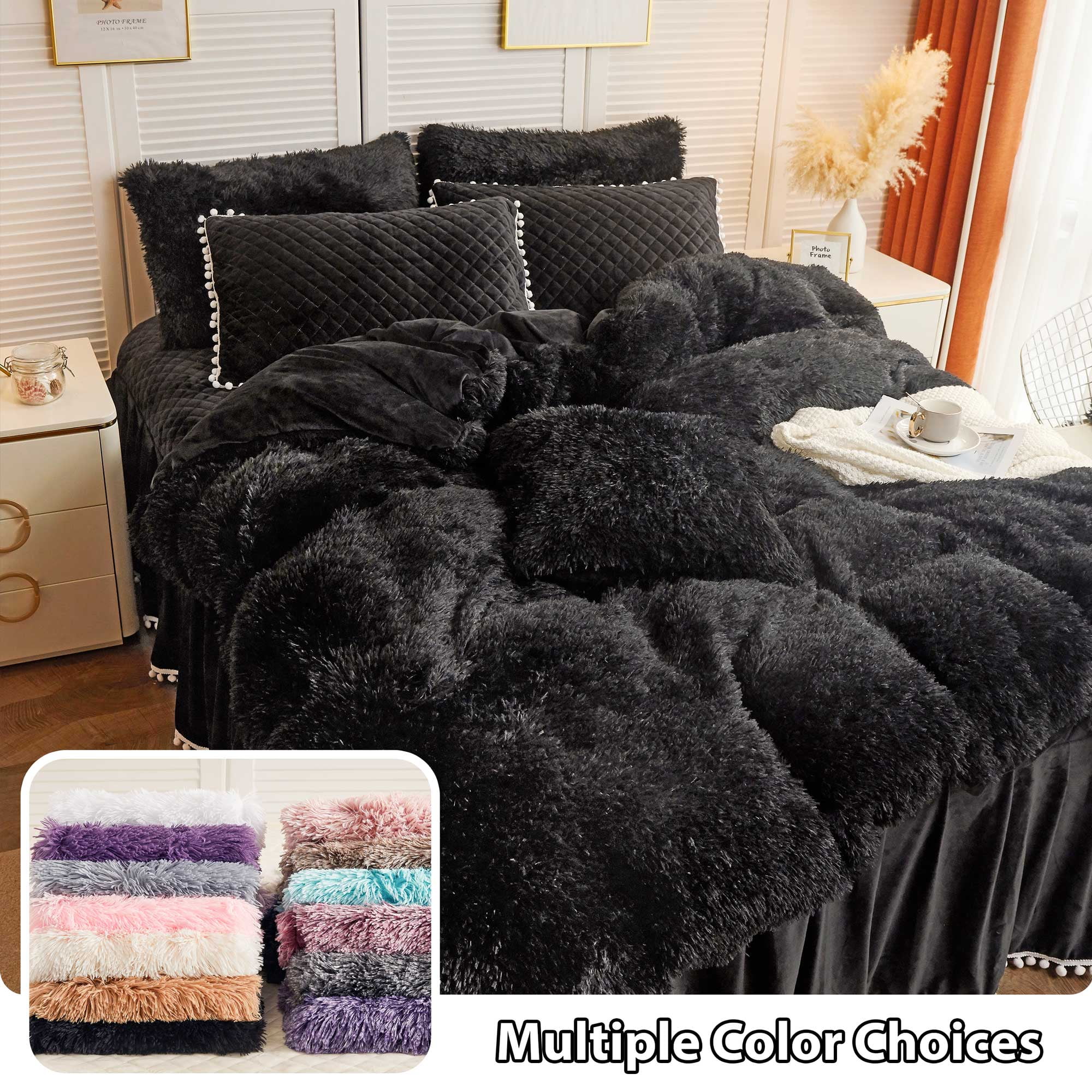 LIFEREVO Luxury Plush Shaggy Duvet Cover Set, Soft Velvet Fluffy Furry Duvet Cover Set(1 Faux Fur Fuzzy Comforter Cover + 2 Pom Poms Pillow Cases) Solid Bedding Set, Zipper Closure(Full/Queen, Black)