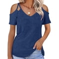 thumbnail image 4 of Women's Summer Short Sleeves Tops Cold Shoulder V Neck Shirts Polyester Casual Hollow-out Strappy Plain Tees (Small, Blue), 4 of 7
