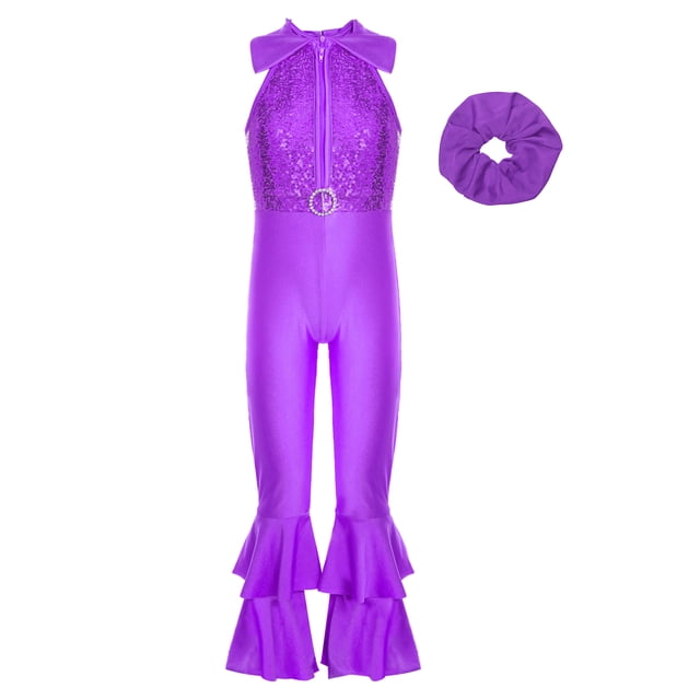 Lejafay Combinaison Sans Manches à Sequins pour Filles avec Couvre-Chef Jazz Disco Danse Body Performance Violet 14