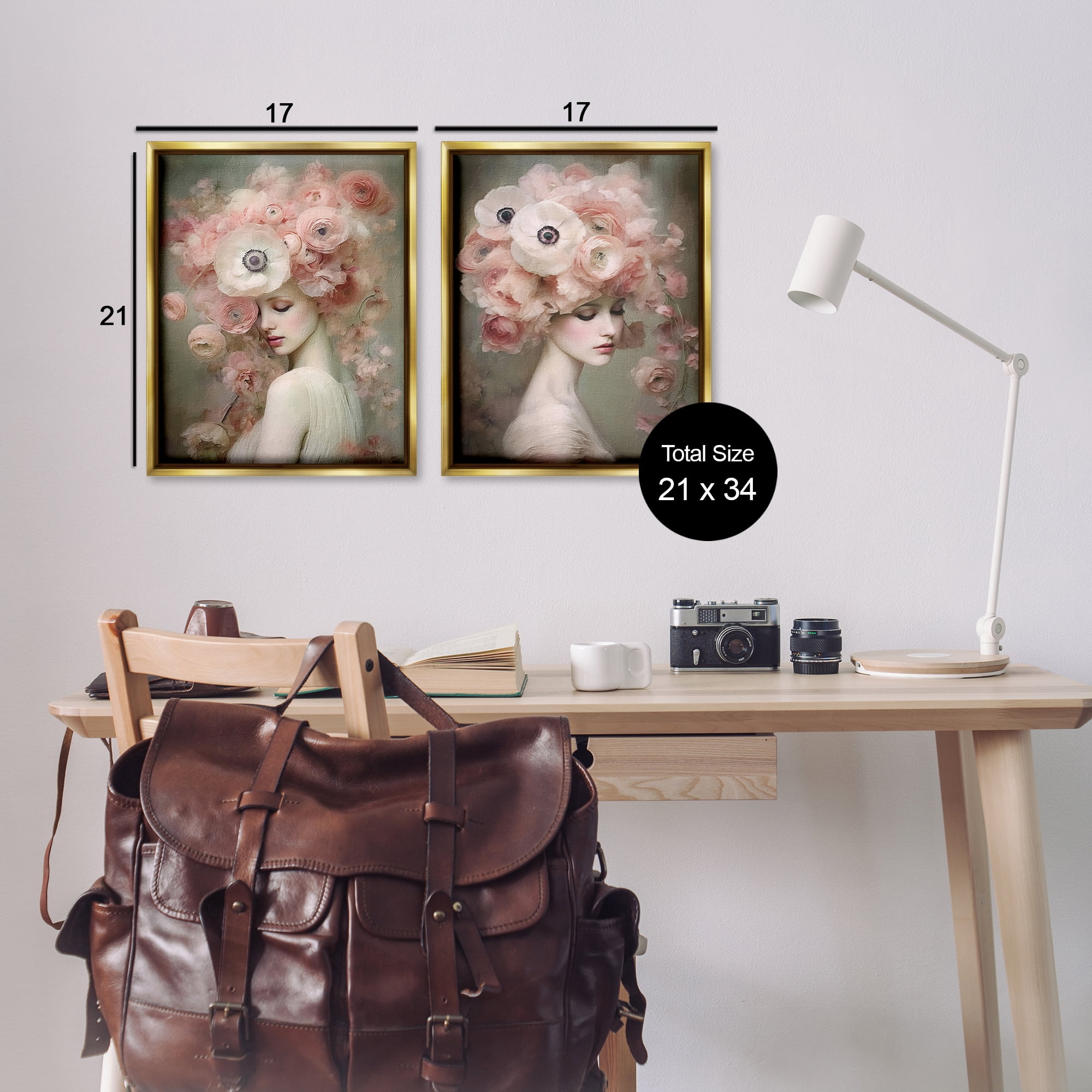 Stupell Industries Coral Blush Female Figure Plants & Flowers Painting Gold Floater Framed Canvas Art Print Wall Art, 17 x 21, Set of 2