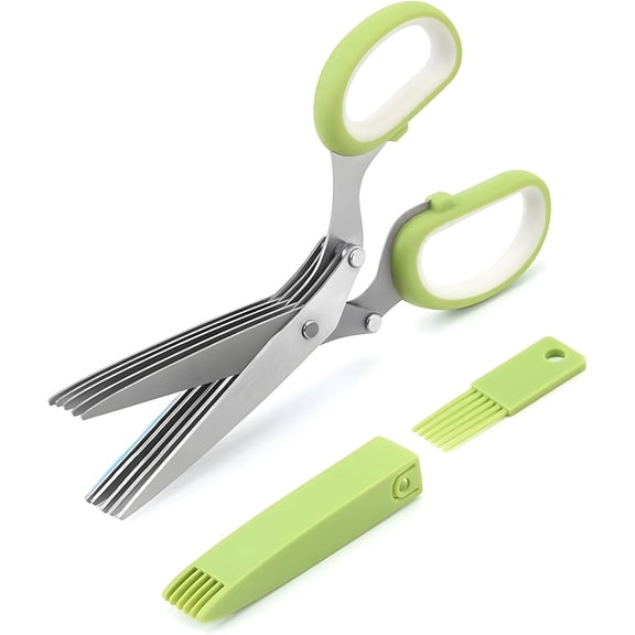 Herb Scissors, Kitchen Herb Shears 5 Stainless Steel Blades Cutter Sharp Cooking Scissors with Safety Cover and Cleaning Comb for Chopping Chive Onion Cilantro Vegetables, Green
