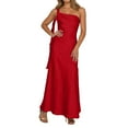 thumbnail image 4 of Satin One Shoulder Maxi Dress for Women Silk Formal Backless Wedding Guest Dresses with Side Splited Color Red Size M, 4 of 5
