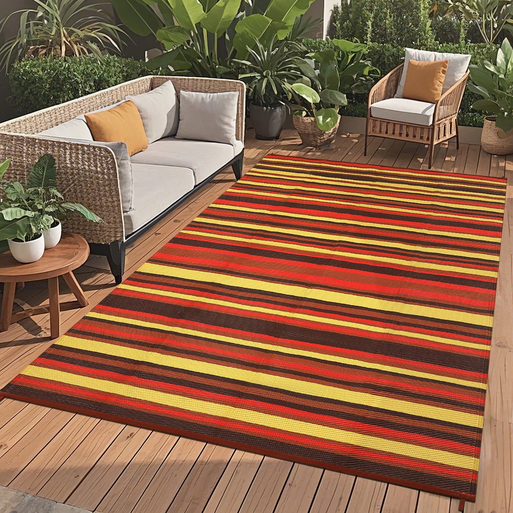 Nanan 8x10 Outdoor Patio Rug, Reversible Waterproof Plastic Straw Patio Rug, Modern Striped RV Camping Mat for Deck, Yard, Garden, Balcony, Poolside, Red/Multi