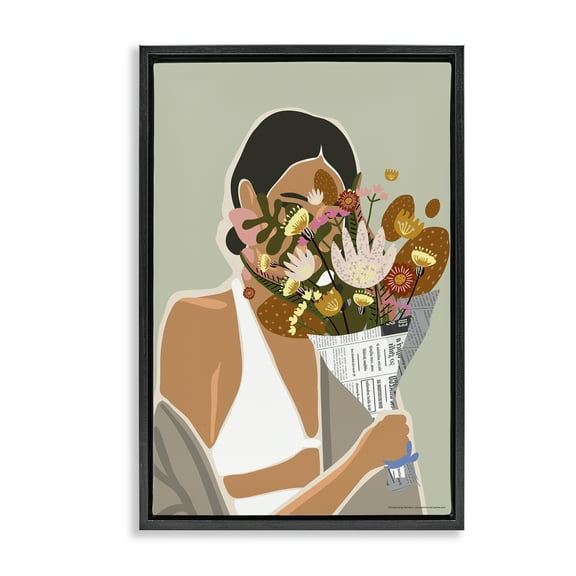 Stupell Industries Woman & Plant Bouquet People Painting Black Floater Framed Canvas Art Print Wall Art, 17 x 25