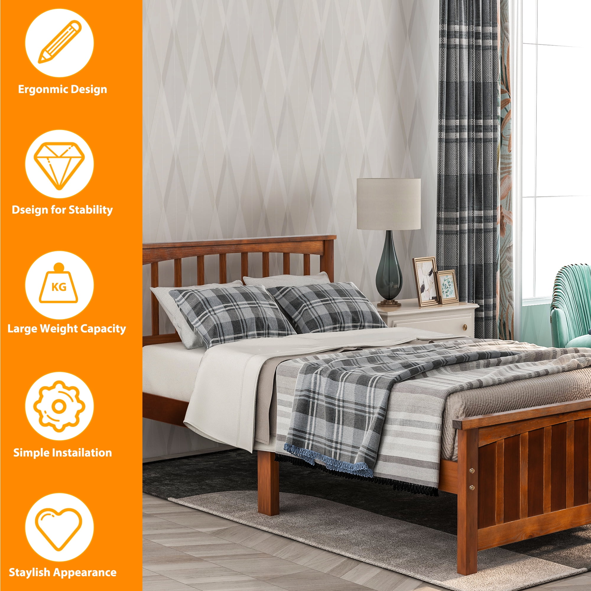 Kepooman Twin Size Classic Bedroom Wooden Bed Frame Platform with Headboard & Footboard, Walnut Kepooman Twin Size Classic Bedroom Wooden Bed Frame Platform with Headboard & Footboard, Walnut