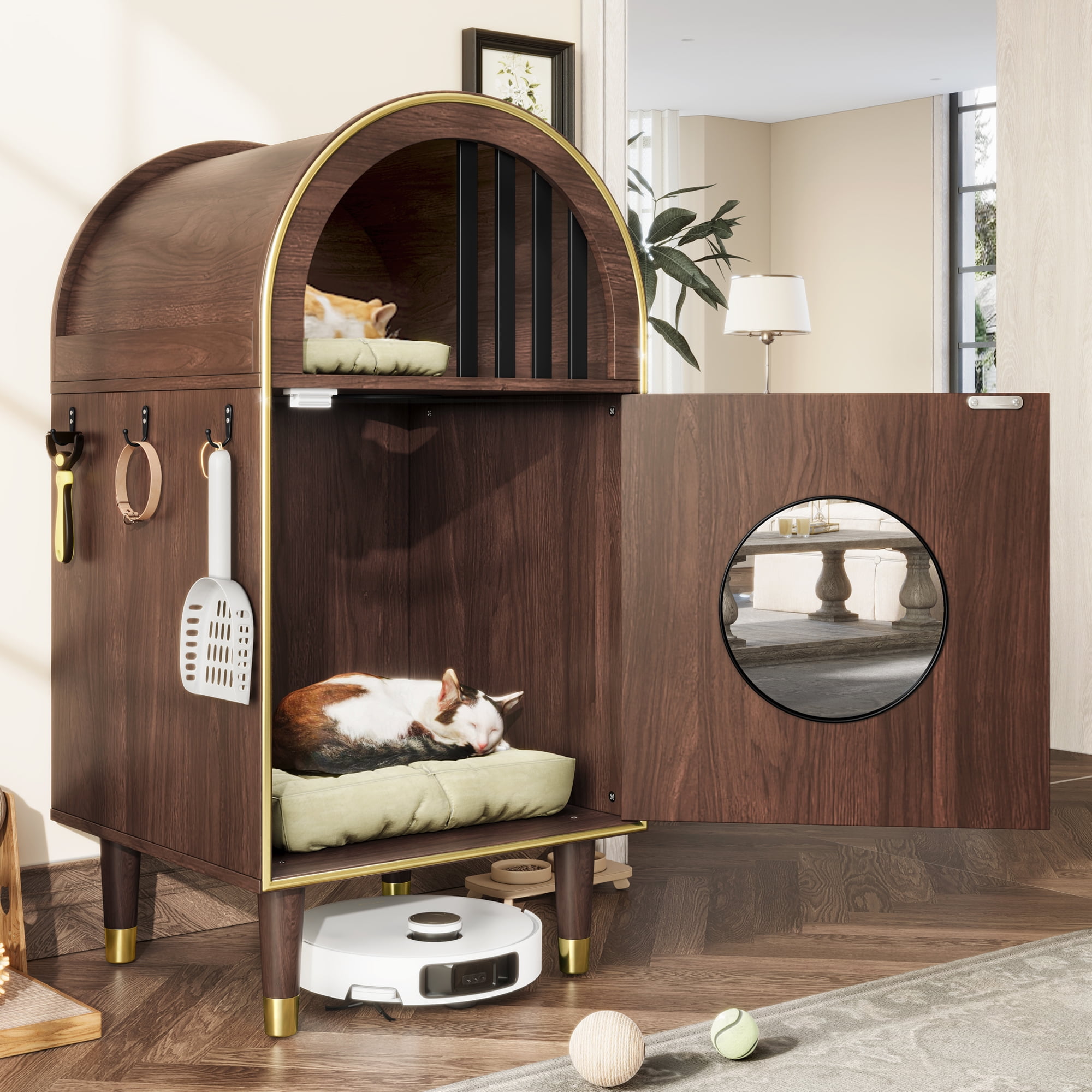 Cat Litter Box Enclosure 2-In-1 Condo Bed Two Level Haven 29.87LBS 44LBS Capacity Modern Arch Espresso Natural Wood Grain Dual Cat Shelter Furniture Side Hooks Plus Robot Vacuum Compatible For Home