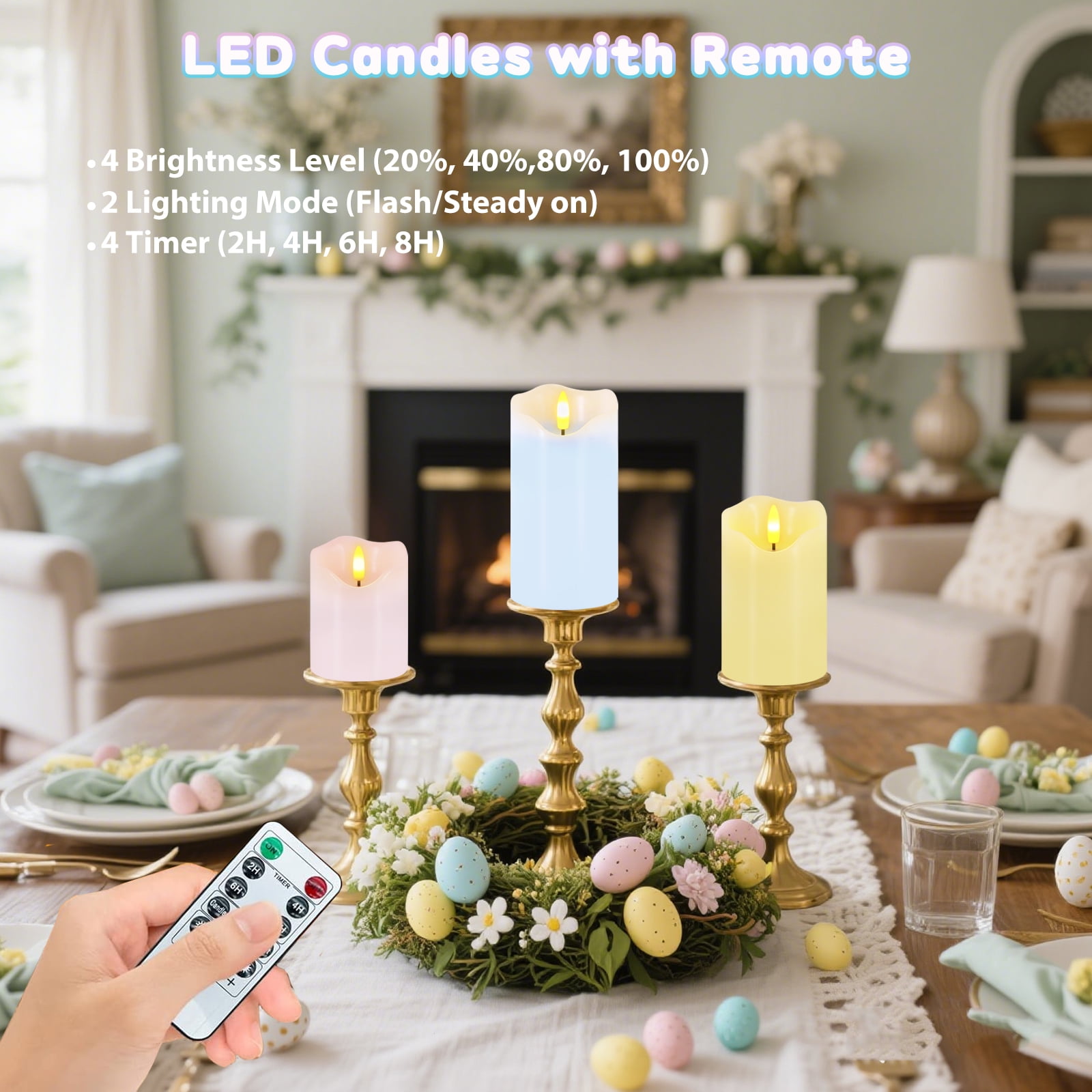Flameless Candles Light, Set of 3 Pastel Spring LED Candles with Remote & Timer, Flickering Easter Pillar Candles Battery Operated, Real Wax Electric Candles for Home Spring Easter Decor