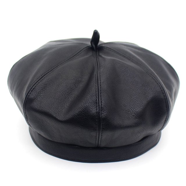 LinYooLi Autumn And Winter Solid Leather Beret Lady PU Painter Hats Version Of Fashion Pumpkin Hat Wild Octagonal Hat Tide Hat