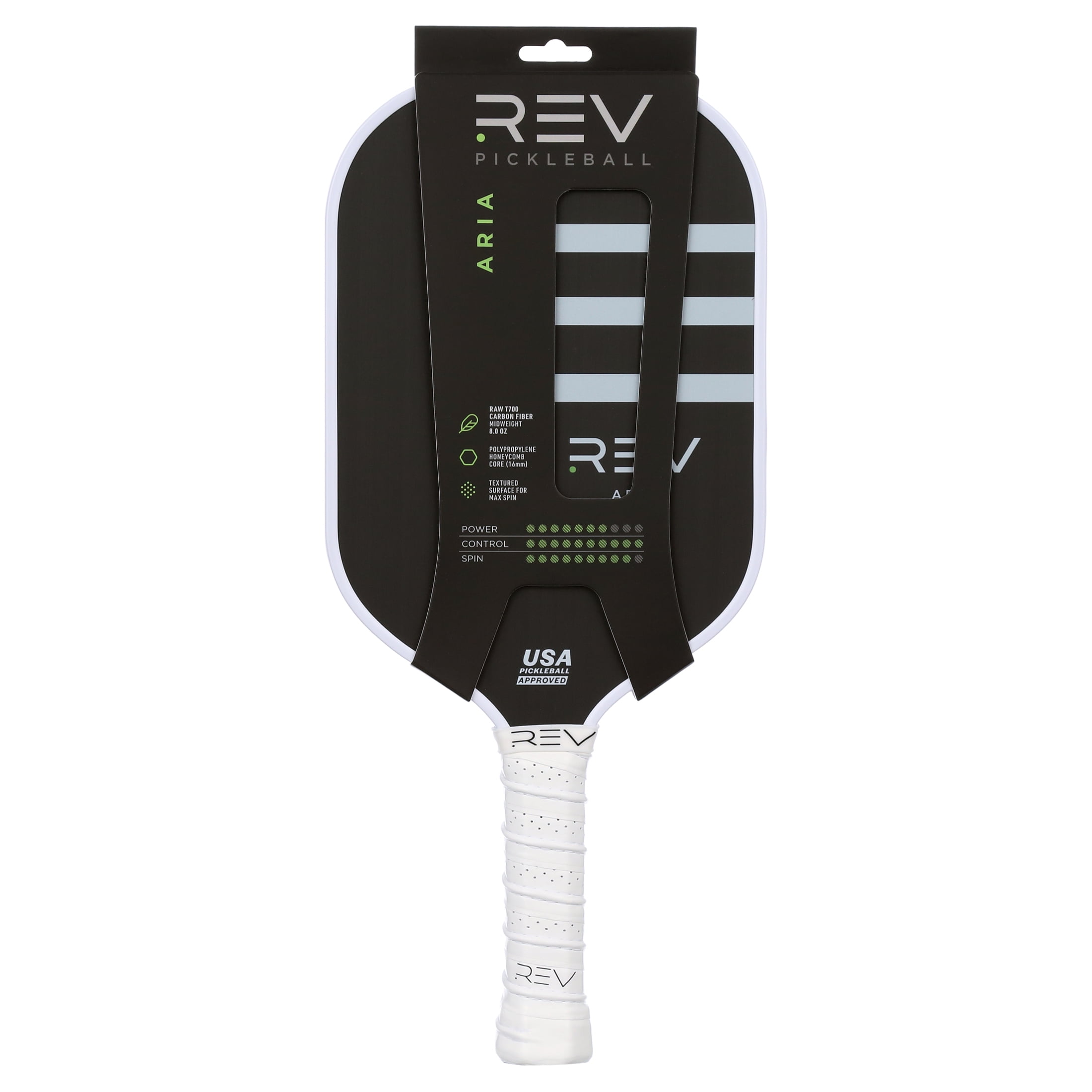 REV Aria Pickleball Paddle, Raw T700 Carbon Fiber Face, Polypropylene Honeycomb Core, 8oz