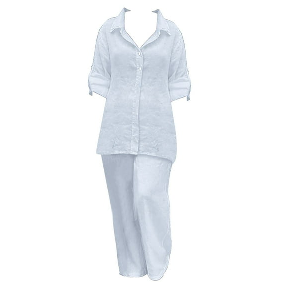Yoodem Lounge Sets for Women Sweatpants Women's Lapel Long Sleeved Cardigan Top and Pants Two Piece Set Shirts for Women White 3XL
