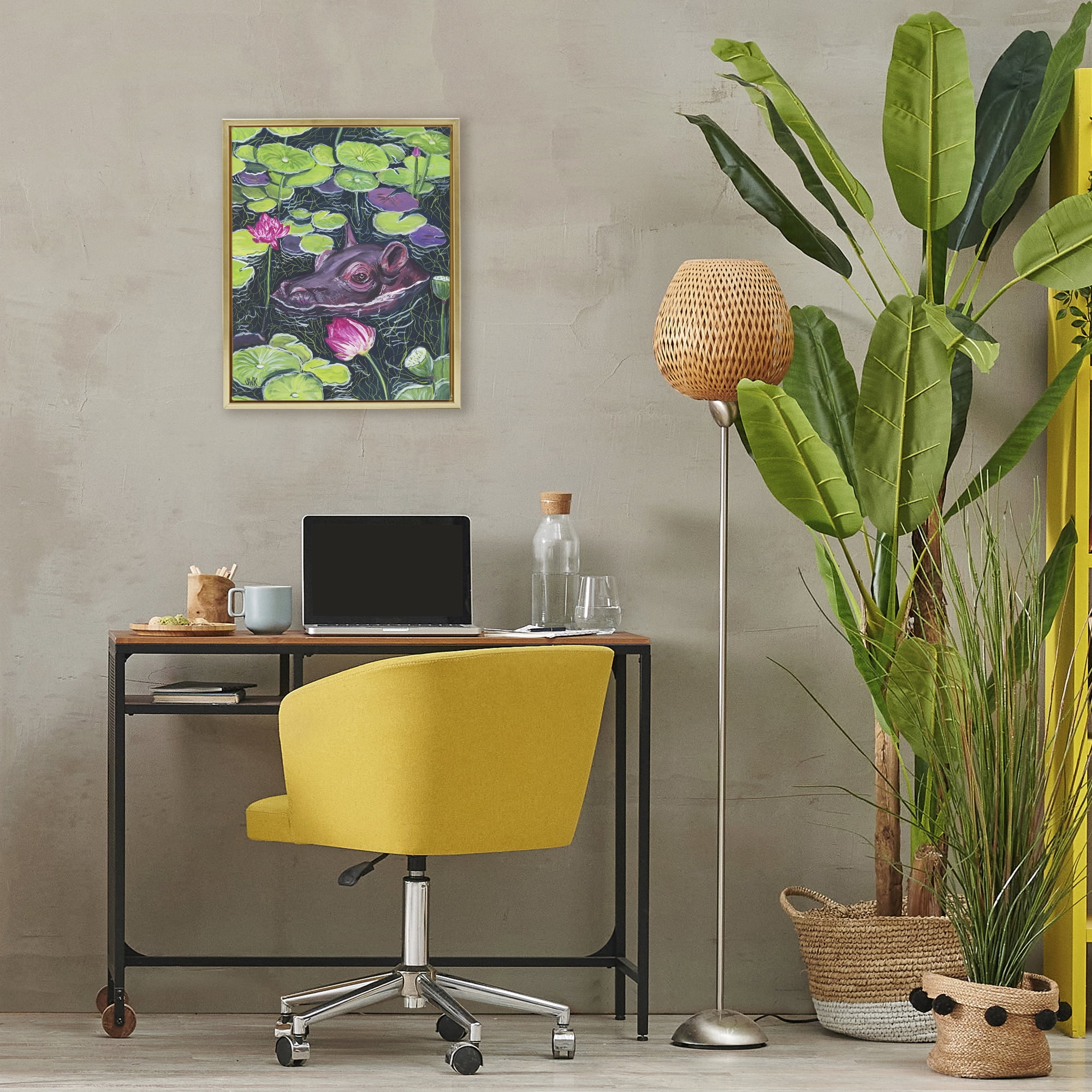 Stupell Industries Hippo & Blossoms Pond Gold Framed Floater Canvas Wall Art, design by Sarah Waldron Kimball