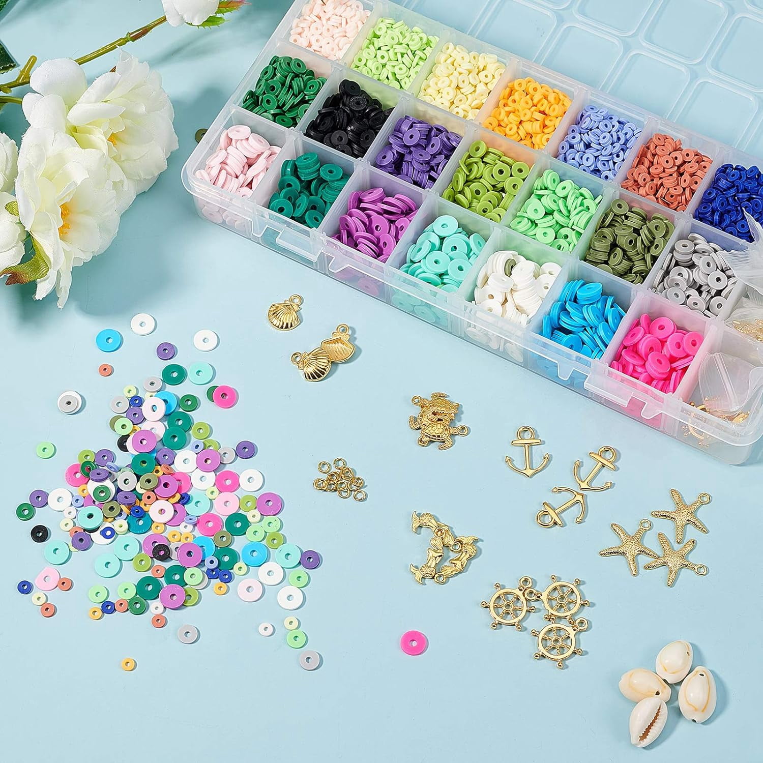 Handmade Polymer Clay Beads 6900 Pcs 3 Sizes 7 Colors Flat Round Spacer Beads with Alloy Pendants and Cowrie Shell Beads for DIY Jewelry Necklace Bracelet Earring Craft Making Mixed Color