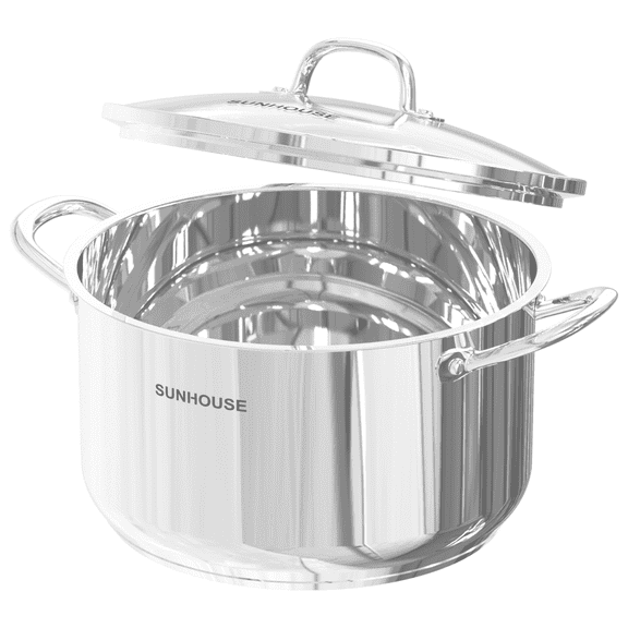 SUNHOUSE 13-Quart Stainless Steel Stockpot w/Tempered Glass Lid - Heavy-Duty, Food-Grade Cookware for Simmering, Boiling, and Induction Cooking - Exceptional Heat Distribution