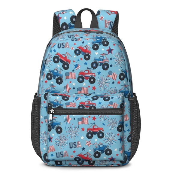 Monster Cartoon Truck Blue Pattern 17" Waterproof Oxford School Backpacks for Teens, S-Shape Padded Straps, for School, Travel, Hiking, Camping