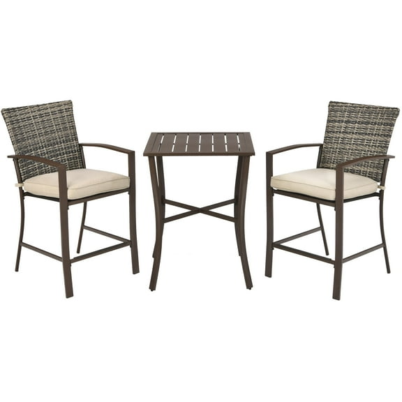 Patiojoy 3-Piece Patio Rattan Furniture Set Outdoor Bistro Set Cushioned Chairs & Table Set Brown