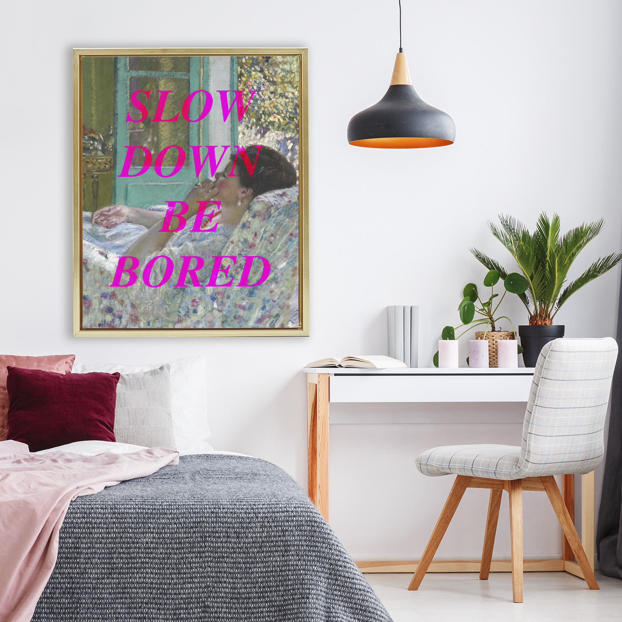 Slow Down Be Bored Classic Gold Framed Floater Canvas Wall Art, design by Lil' Rue