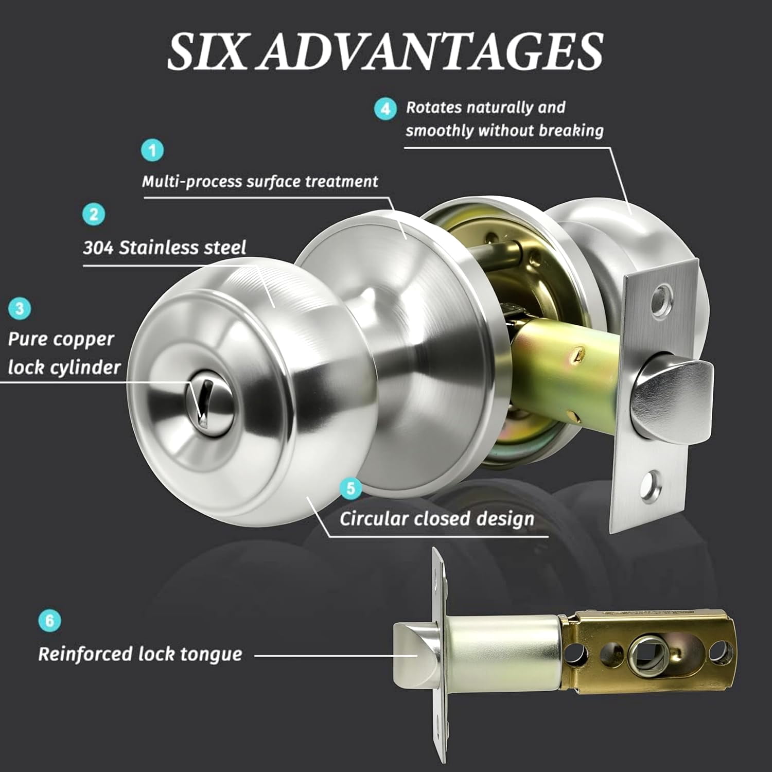 Privacy Door Knobs,10 Pack Brushed Nickel Round Keyless Doorknobs Interior Door Knobs for Bedroom/Bathroom, Privacy Function