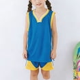 thumbnail image 4 of Odeerbi Niños Niñas Rápido Seco Uniforme de Baloncesto Conjunto Bloque de Color Cuello En V Tops Pantalones Cortos Ropa Deportiva Conjunto Atlético Para 4-14 Años, 4 of 6