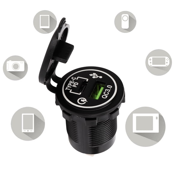 Car , Auto USB Power Socket High Current Dual Port Output TPYE C+QC3.0 Smart Chip for 12-24V Input for Motorboat for RV