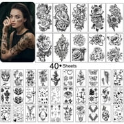 Yazhiji 40 sheets Waterproof Temporary Tattoos Flowers Rose Butterfly Fake Tattoo Mix Style Lasting Body Art Tattoo Stickers for Women or Girls
