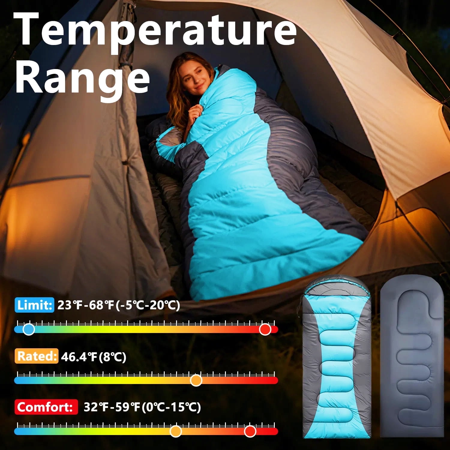 Teblint Camping Sleeping Bag for Adults Kids, 4-Season Cold Weather Sleeping Bag, Waterproof & Compression Sack Included, Camping Essentials Gear Accessories Hiking Sleep Must Haves (Blue)