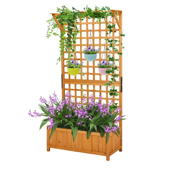 IVV 72" H Horticulture Garden Planter with Trellis for Vine Climbing Plants, Outdoor Garden Bed w/Drainage Holes, Wooden Raised Planting Box for Flowers, Herbs (Natural)