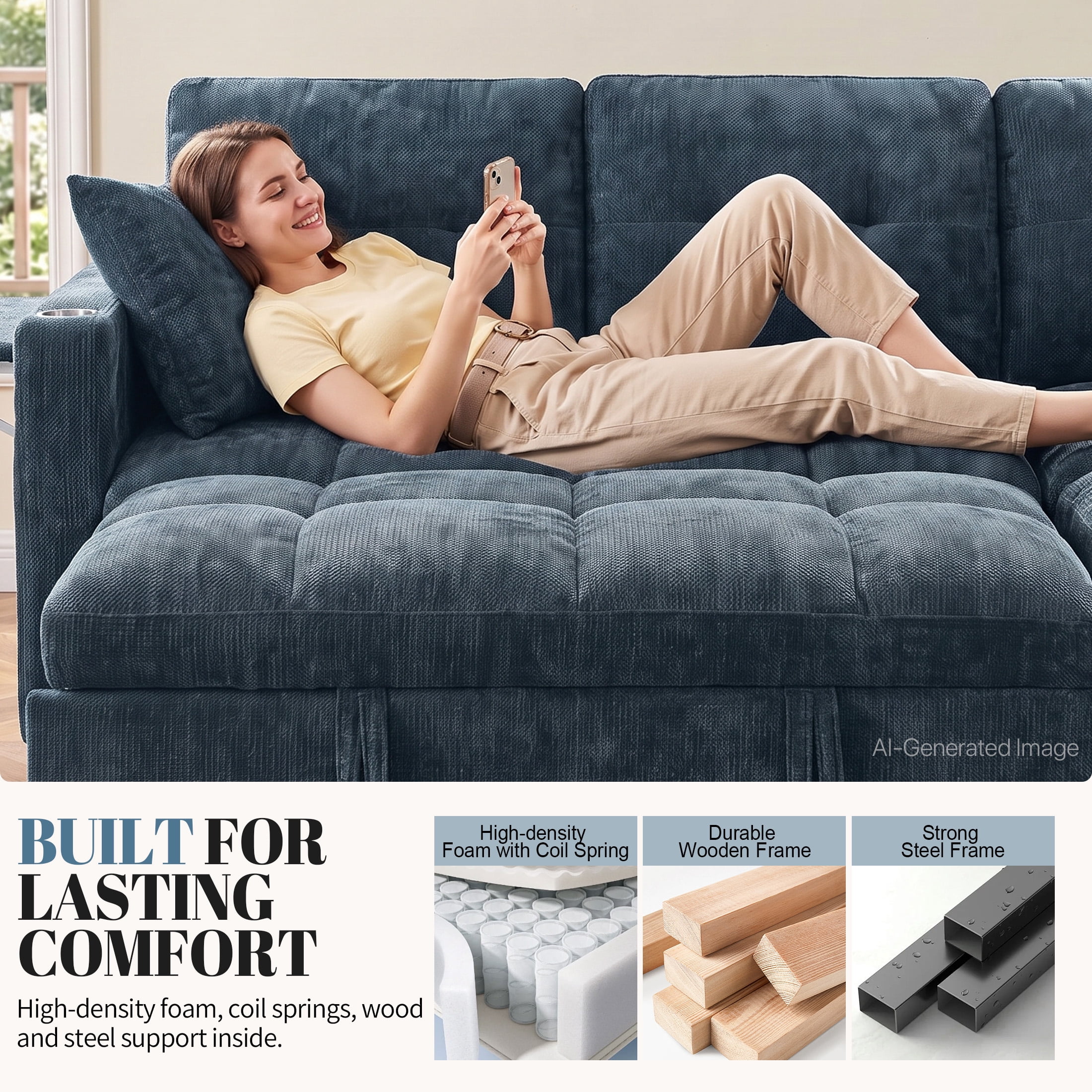 Aukfa 81" L Shape Sleeper Sectional Sofa Bed, Chenille Convertible Couch with Storage Chaise, Side Table & USB/Type-C Ports,Blue