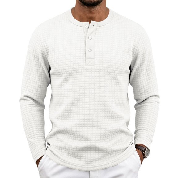 UDAUDU Mens Long Sleeve Shirt Waffle Casual Button Down Thermal Henley Shirts Lightweight Fall Winter Tshirts Pullover White 3XL