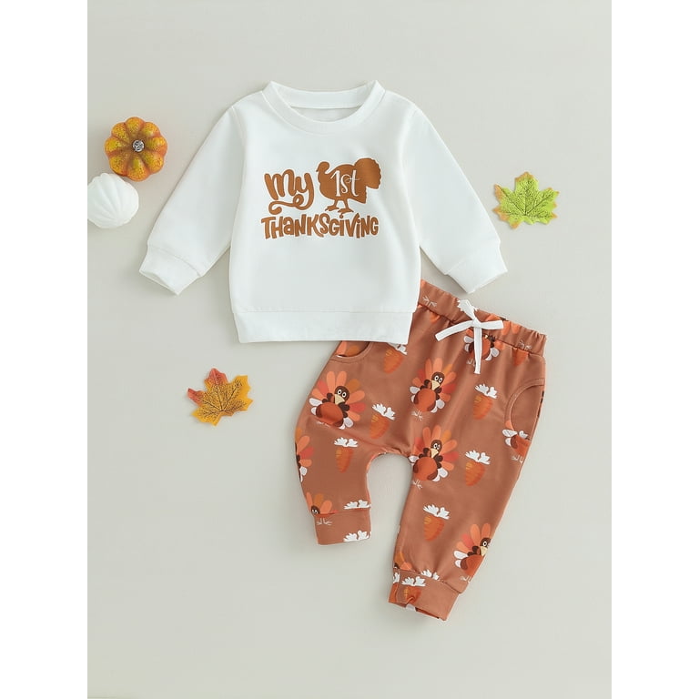 2Pcs Newborn Baby Girl My First Thanksgiving Outfits Letter Turkey Print Long Sleeve Sweatshirt Tops Pants