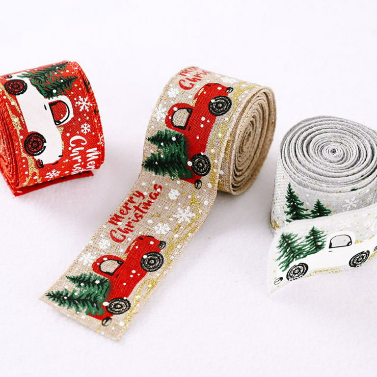 Christmas Ribbon for Tree Wreaths Crafts Gift Wrapping, Vintage Truck Merry  Christmas Wired Burlap Ribbon 2 Inch 5.5 Yard, White 