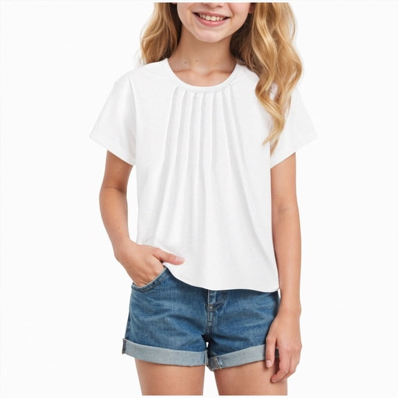 KPOPLK Girls T Shirts Ruffle Short Sleeve Summer Pleated Crewneck Casual Tops Tees Blouses Size 13-14 Years,White