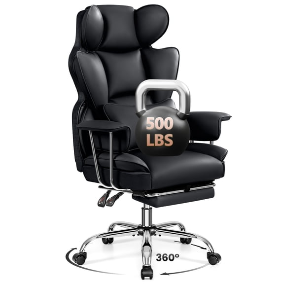 ATHOPE Executive Leather Office Chair 500lbs, Big and Tall Desk Chair with Footrest, High Back Ergonomic Reclining Computer Chair, High-Density Foam, Heavy Duty Swivel Rolling Chair, Black