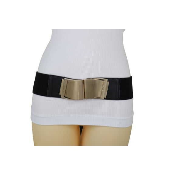 Women Black Faux Leather Stretch Belt Gold Wave Buckle S M