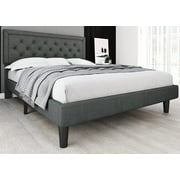 Einfach Full Size Modern Deluxe Button Tufted Fabric Upholstered Platform Bed Frame with Adjustable Headboard, Dark Grey