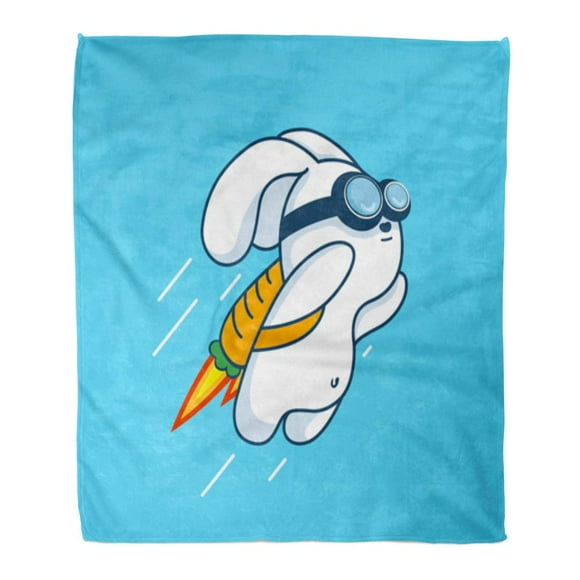 POGLIP 58x80 inch Super Soft Throw Blanket Flying Jetpack Rocket Rabbit Launching in Sky Flat and Bright Contrasting White Home Decorative Flannel Velvet Plush Blanket