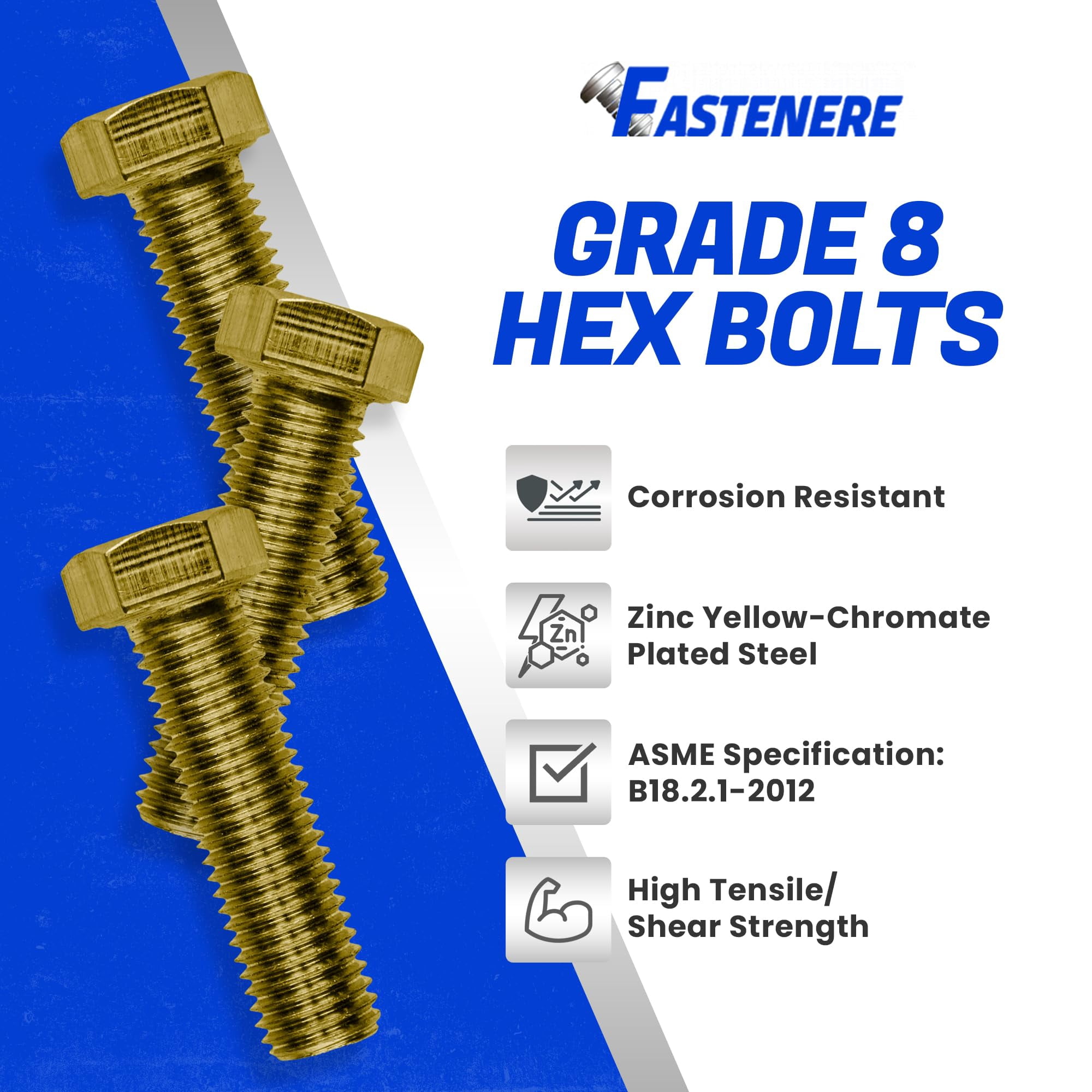 Fastenere 7/16"-14 x 1-1/2" Hex Bolts Grade 8 Zinc Yellow-Chromate Plated Steel, Fully Threaded Durable Hex Bolts for Machinery & Construction, Rust-Resistant, Heavy-Duty Fasteners, Pack of 10